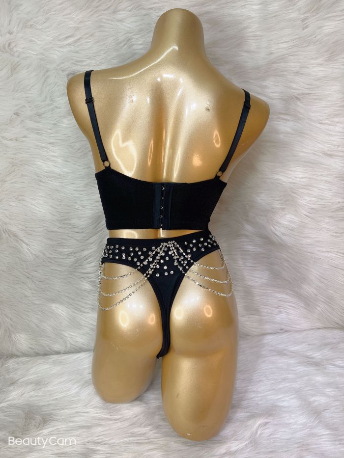 Party Dance Corset+High waist thong Women's Corset Rave Crystal Showgirl