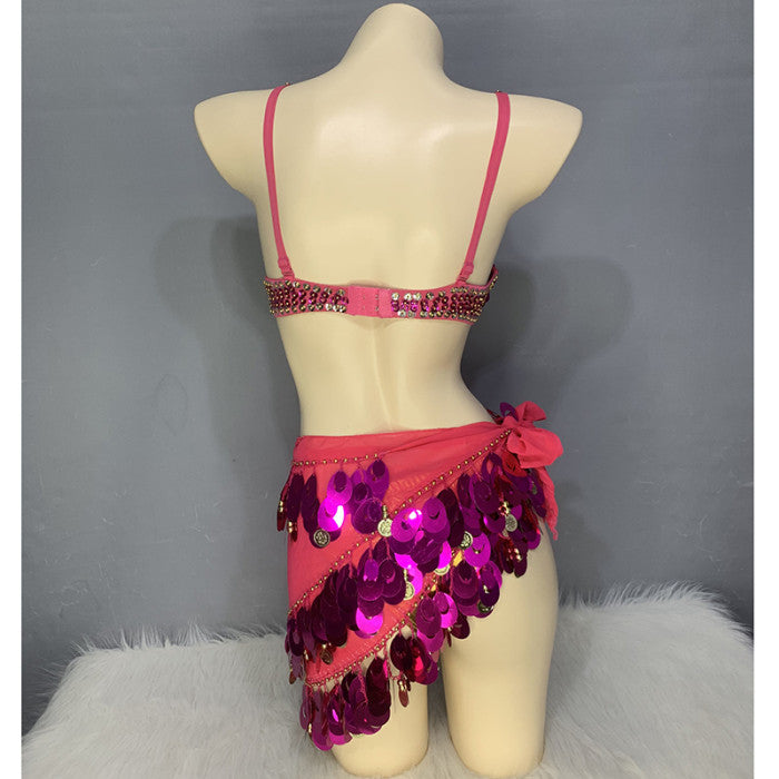 Cute Women Belly Dance Clothes Sequins Belly Dance Costume Set Bra Hip Scarf Wrap Panty Carnival Rave Performance Stage Costume N21013