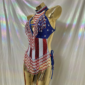 Sexy Women Beads Bodysuit Sequins Swimsuit Rave Dancer One-piece Outfit Flag Of United States And United Kingdom Costumes
