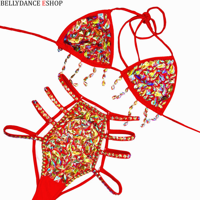 Samba Carnival Bikini And Panty Rainbow Stone Red color Handmade 2 piece BP037