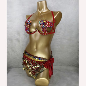 New Hot Shining Belly dance costume Sexy Samba Carnival set Wire Bra & Coin Belt Samba Suit performance wear C024