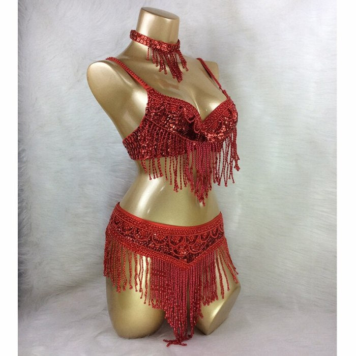 New Women's Belly Dance Set Sexy Carnival Costume Beaded Belly Dancing Clothes Sexy Night Bellydance Tops Chain BRA Belt T201 3pc/Set