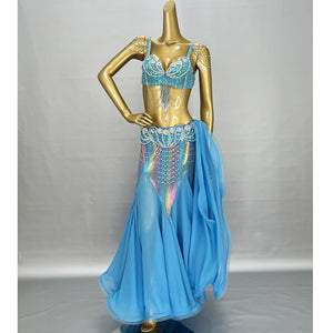 High Quality Handmade Beaded Embroidery Belly Dance Costume Women Stage Performance 3-Piece Dance Set Belly Dancing Wear Outfits TF2152+SK1909