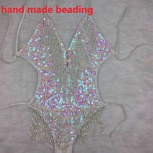 Sexy Women beading Bodysuit Sequin Swimsuit latin Belly Dance Costume Dancer One-Piece Outfit Costume Stage Performance Leotard