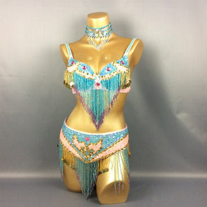 Hot selling belly dance New-Style Sexy handmade beaded 2 piece costumes 5 COLOR TF1401