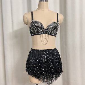 New Style Samba Carnival Handmade Belly Dance Diamond Costumes Bra,Panty And Mini Skirt 3 Piece Black Color