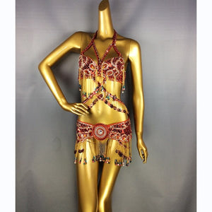 Women's Beaded Belly Dance Costume Top Bar+Belt 2pcs Set Bellydance Clothes Sexy Night Stage Dancewear Carnival Costume TF1411