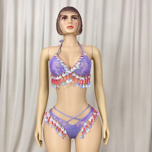New Style Samba Carnival Purple Color Sequins Fabric Top And Panty With Beads And Tassels For EDC