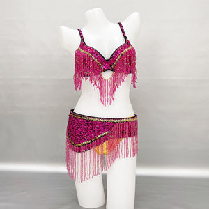 New Stage & Dance Wear Performance Women Sequin Beaded Bra Belt Bellydance Suit 3pc Professional Outfit Belly Dance Costume Set  TF2561