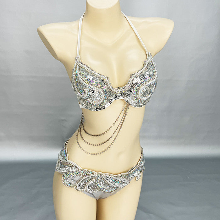 New Arrival Halloween Costume Adult Carnival Belly Dance Costumes Women Beaded Bra Belt Set Dance Clothes Night Club Dancewear  N21018
