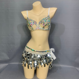 Women's Beaded Crystal Silver Belly Dance Costume Wear Bra+Panty+Hip Scarf 3pc Set Sexy Bellydancing Suit Bellydance Clothes N21011