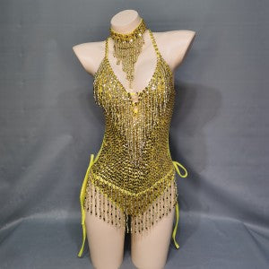 Flashing Yellow Sequins One-Piece Bodysuit Women's Singer Dance Sexy Evening Carnival Costumes Stage Dance Wear Nightclub Outfit BS11