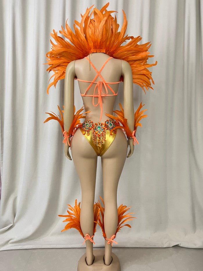 Top Quality Handmade Samba Rio Carnival Wire Bra+Belt+feather shawl With Stone Sexy Belly Dancing Costume