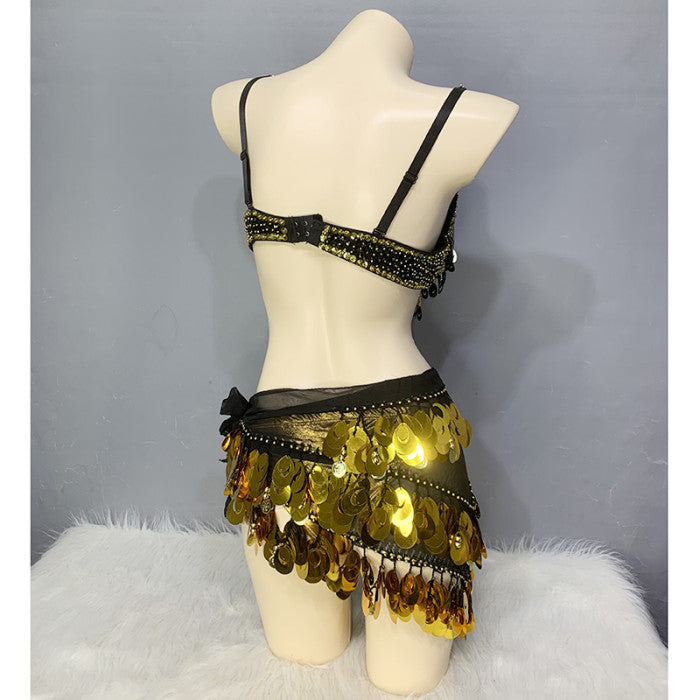 Cute Women Belly Dance Clothes Sequins Belly Dance Costume Set Bra Hip Scarf Wrap Panty Carnival Rave Performance Stage Costume N21013