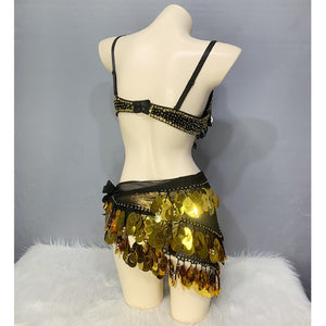 Cute Women Belly Dance Clothes Sequins Belly Dance Costume Set Bra Hip Scarf Wrap Panty Carnival Rave Performance Stage Costume N21013