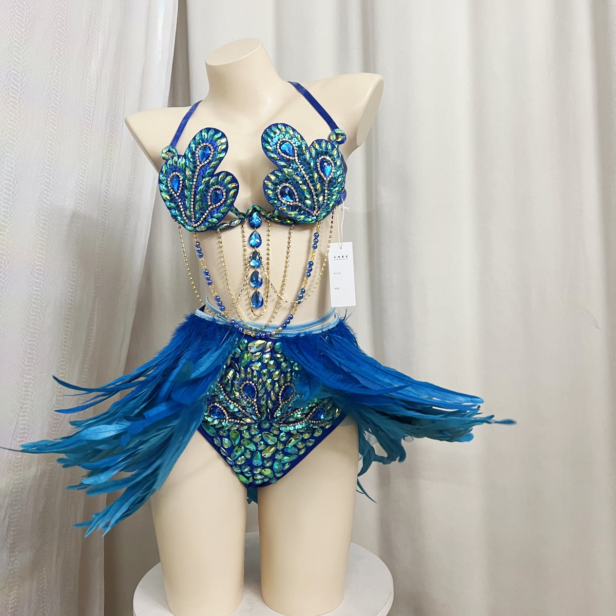 Samba Carnival Handmade Wire Bra And High Waist Bottom With Feather Mini Skirt For Carnival Costumes