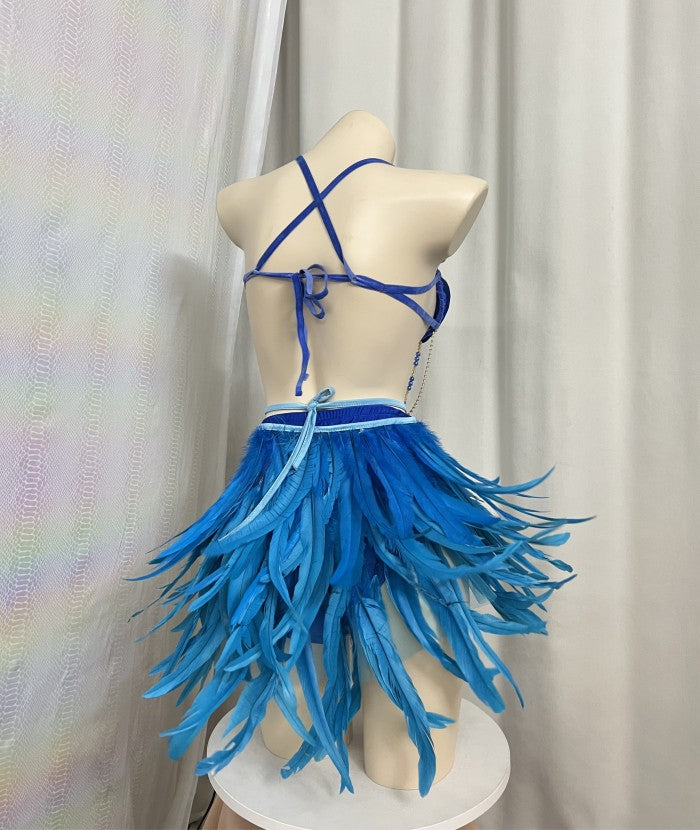 Samba Carnival Handmade Wire Bra And High Waist Bottom With Feather Mini Skirt For Carnival Costumes