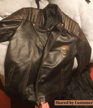 Men's Black Skull Embossed Ride Genuine Leather Biker Jacket with Back Skull Design