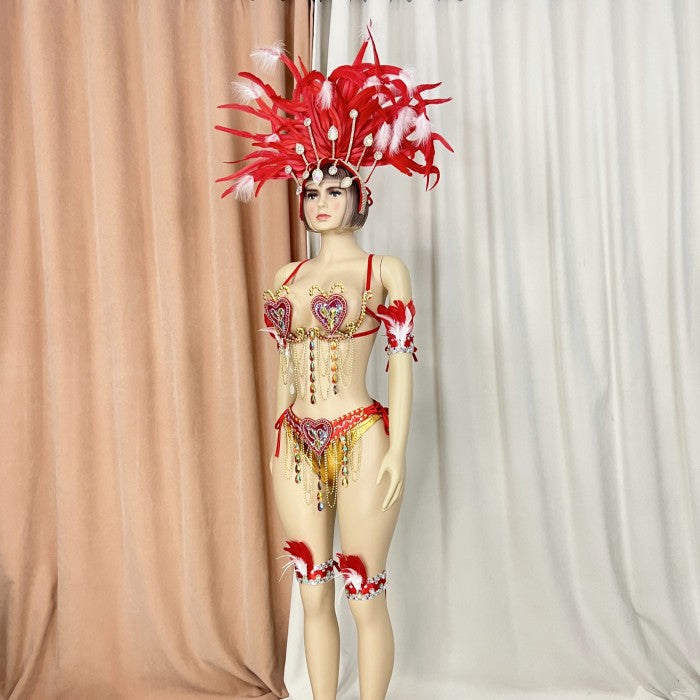 Samba Carnival Belly Wire Bra Belt  and Panty With feather head piece Hand Beads Passista Pageant Cabaret Broadway Theater Mardi Gras,Vegas Showgirls CF1721-2