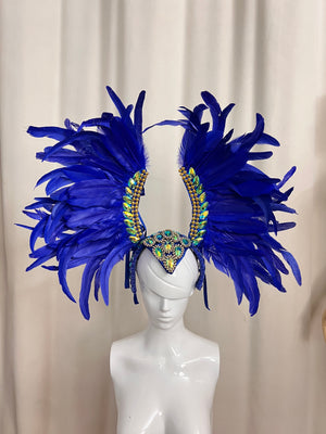 New Style Samba Carnival Feather Headpiece With Stones 3 layers feathers royal blue color