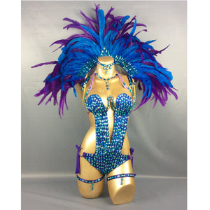 Samba Carnival Handmade Stones Bodysuit With Feather Mini Skirt For EDC Costumes