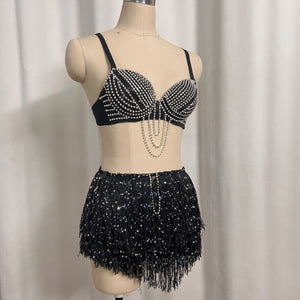 New Style Samba Carnival Handmade Belly Dance Diamond Costumes Bra,Panty And Mini Skirt 3 Piece Black Color