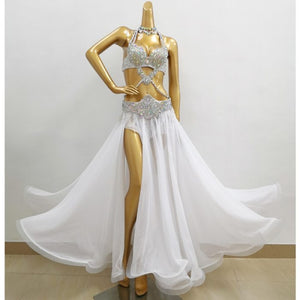 Top quality women belly dance suit bellydance Carnival costume Performance Outfit Bollywood Showgirl bellydance bra&belt&skirt TF1732 White + SK1905