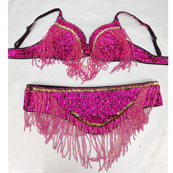 New Stage & Dance Wear Performance Women Sequin Beaded Bra Belt Bellydance Suit 3pc Professional Outfit Belly Dance Costume Set  TF2561