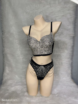 Party Dance Corset+High waist thong Women's Corset Rave Crystal Showgirl