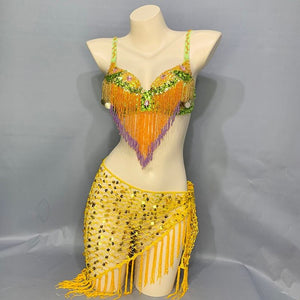 New Women Belly Dancing Suite Beaded Sequined Bra+ Long Tassel Hip Scarf 2PCS Set Samba Costumes Club Night Dance Wear N21007