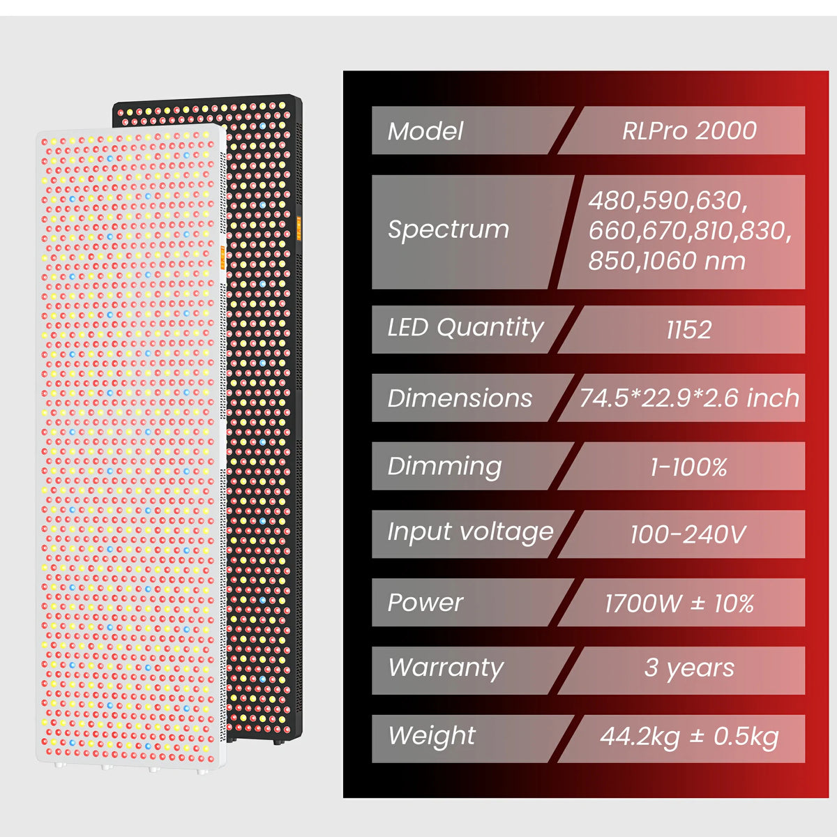 RLPRO2000 red light therapy panel specification chart