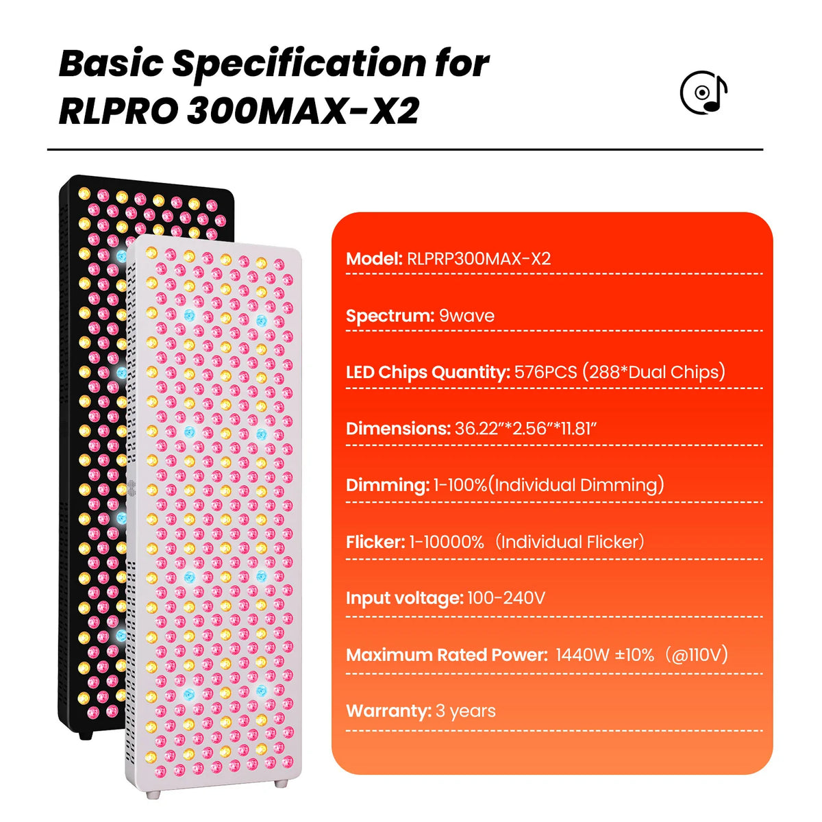 RLPRO300MAX-X2 red light therapy panel specification chart