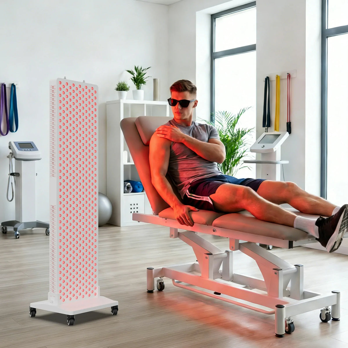 Person using the RLUltra450MAX red light therapy panel