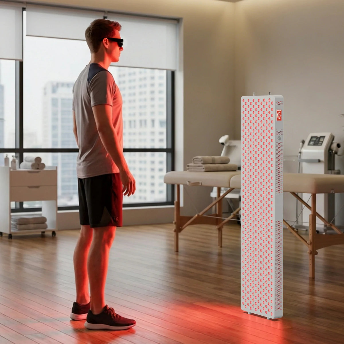 Person using the RLUltra450MAX red light therapy panel