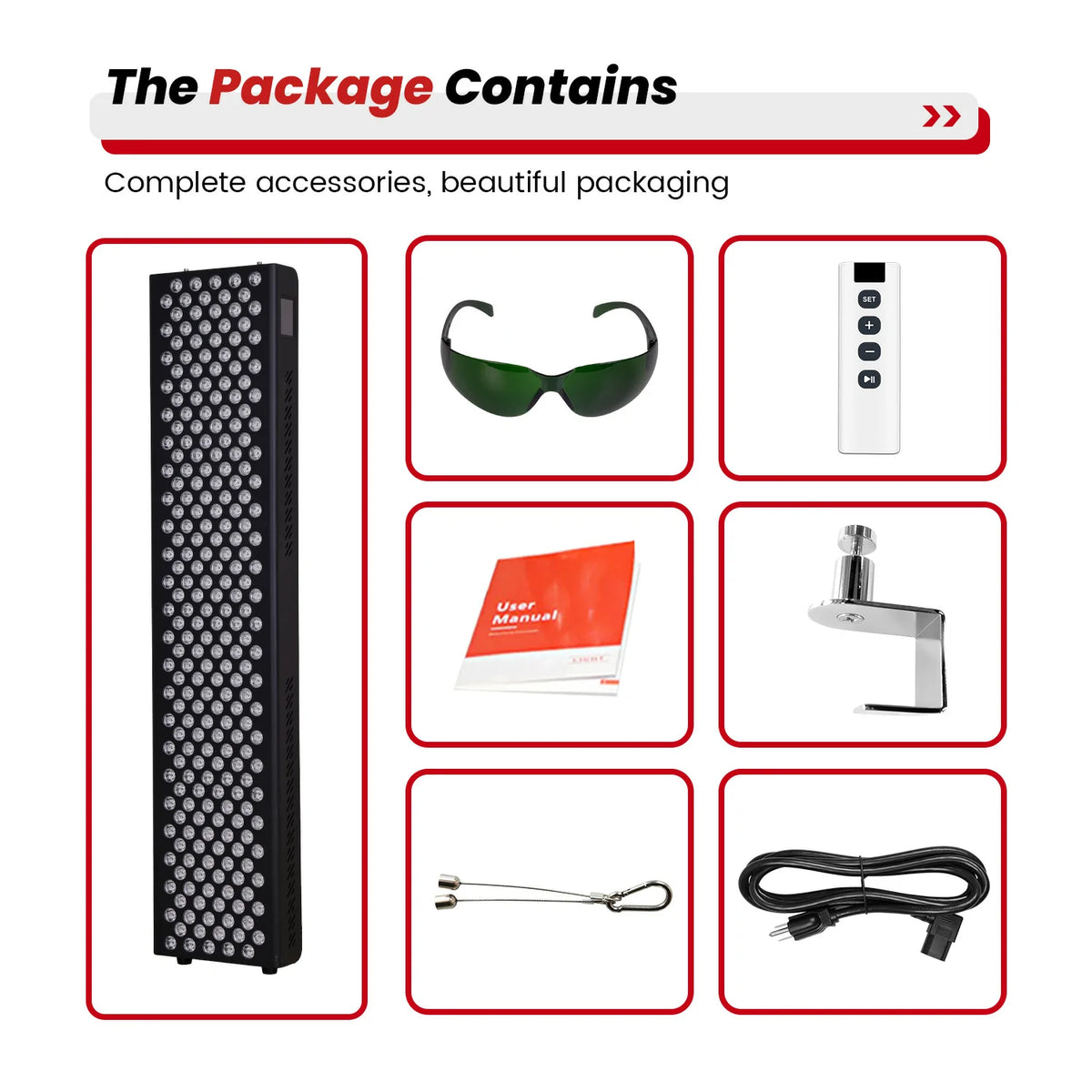 RTL300-T red light therapy panel with included accessories