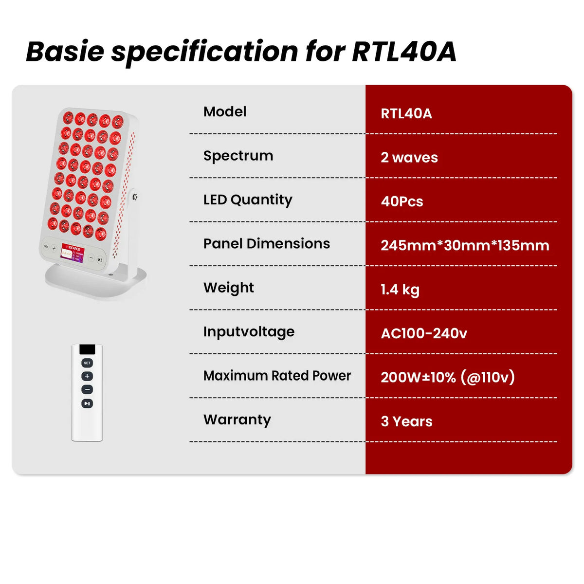 RTL40A portable red light therapy panel specification chart