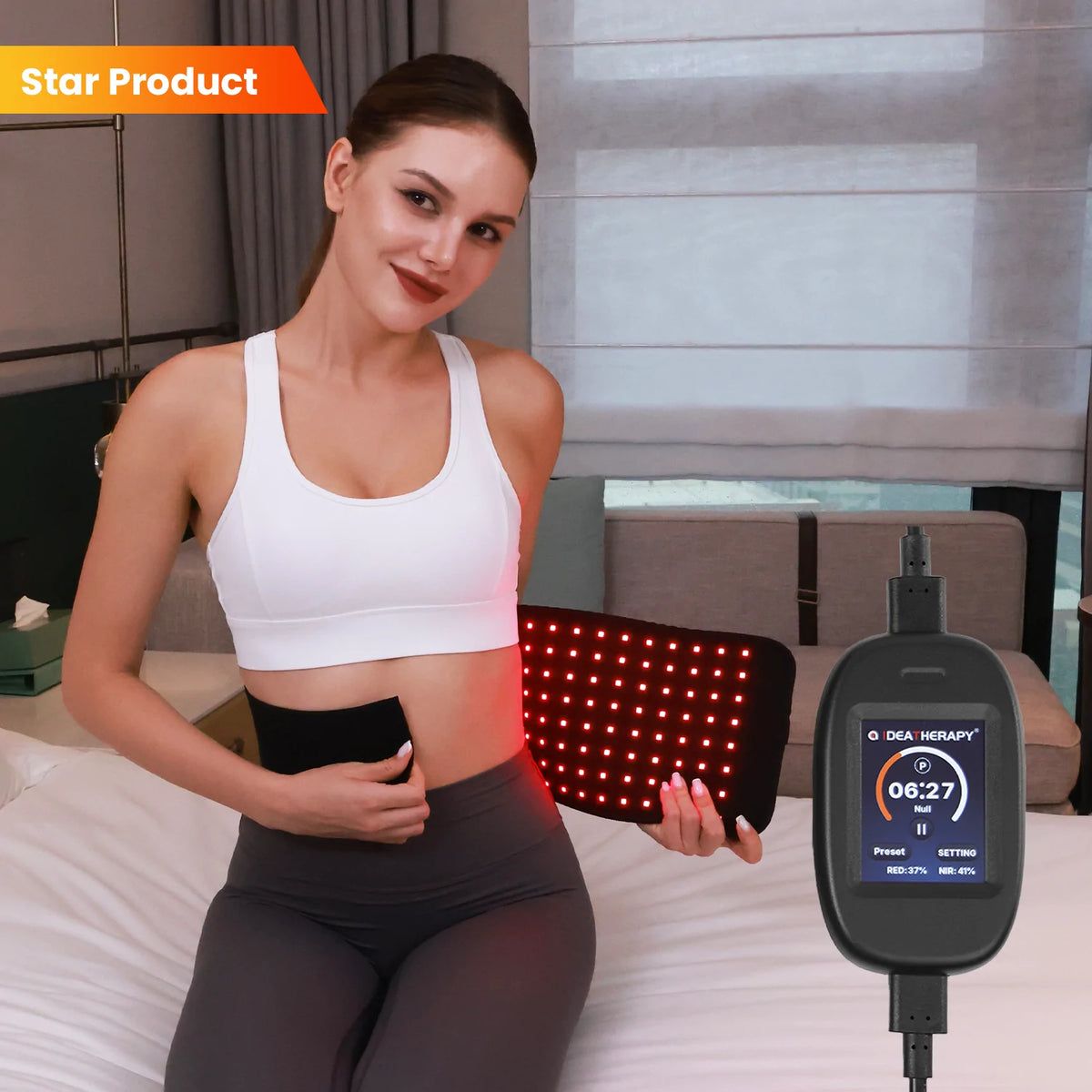 Person using the TLB120-B red light therapy belt