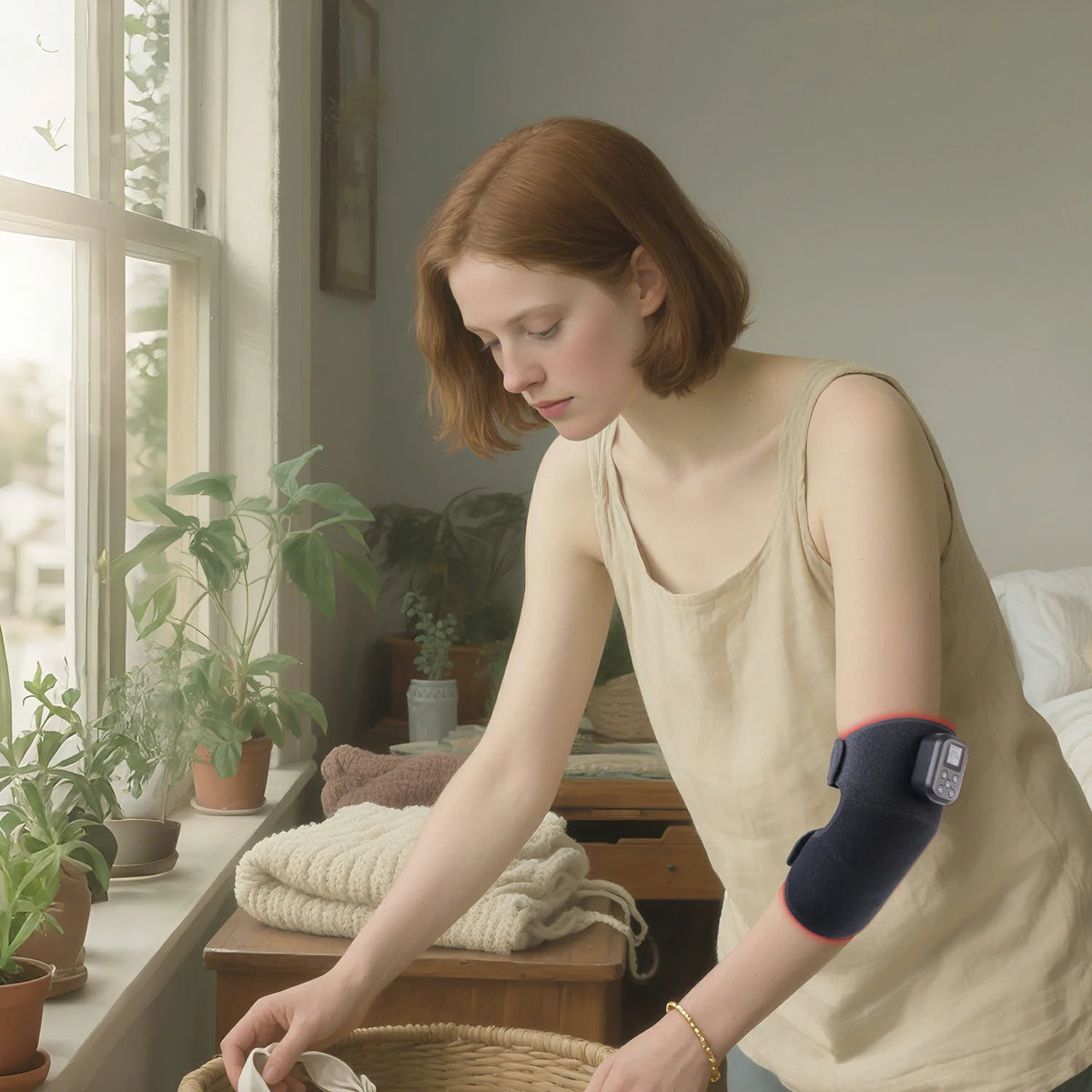 Person using the TLB60-F4 red light therapy knee wrap