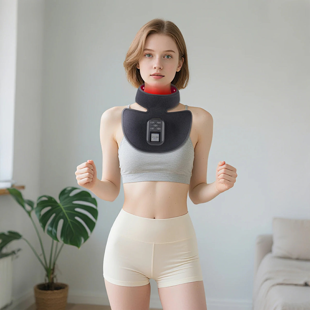 Person using the TLN60-F4 red light therapy neck wrap