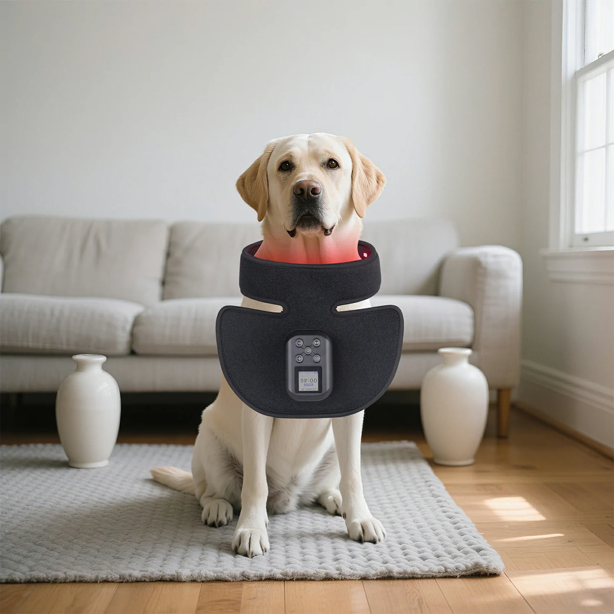 TLN60-F4 red light therapy neck wrap shown with a pet