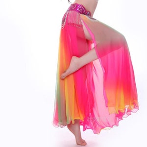 Belly Dance Skirt Women's Rainbow Ombre Chiffon Flowy Slit Skirt with Beaded Hip Scarf for Performance
