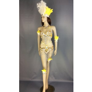Dancewear Women's Gold Sequin Feather Halter Bra and Skirt Set with Body Chains, Brazilian Carnival Samba Costume