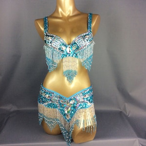 Belly Dance Costume, Women's Teal Sequin & Beaded Fringe Bra and Belt Set, Cabaret Dancewear