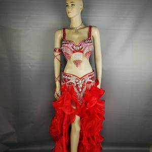 Women's Red Sequin Beaded Ruffled Chiffon Belly Dance Costume
