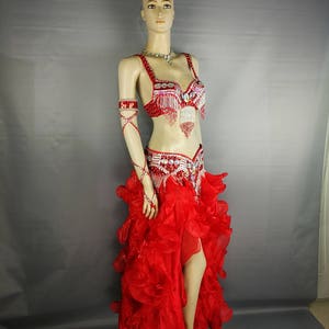 Women's Red Sequin Beaded Ruffled Chiffon Belly Dance Costume