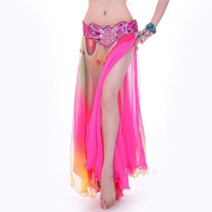 Belly Dance Skirt Women's Rainbow Ombre Chiffon Flowy Slit Skirt with Beaded Hip Scarf for Performance