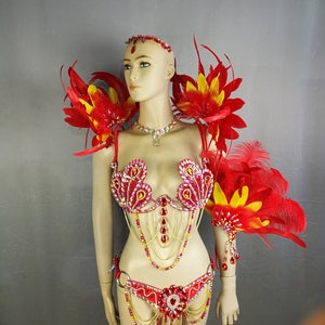 Carnival Samba Belly Dance Costume, Women's Red & Gold Sequin Feathered Bra, Belt, & Armband Set, Brazilian Showgirl Outfit