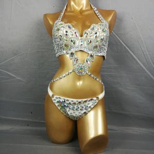Dancewear Bikini, Women's White Embellished Halter Neck Rhinestone Competition Dance Costume