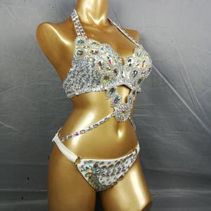 Dancewear Bikini, Women's White Embellished Halter Neck Rhinestone Competition Dance Costume