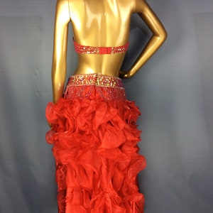 Women's Red Beaded Halter Top Ruffled Skirt Belly Dance Costume